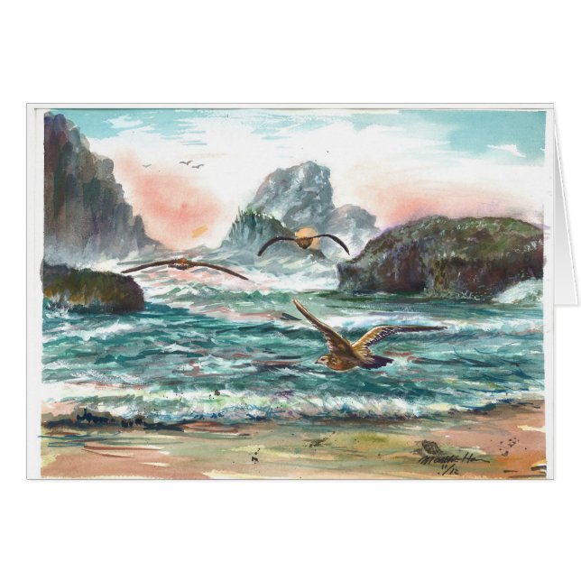 Cartão Cena da costa de Oregon com ondas e gaivotas (Frente Horizontal)