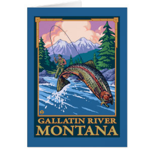 Cartão Cena da pesca com mosca - rio do Gallatin, Montana