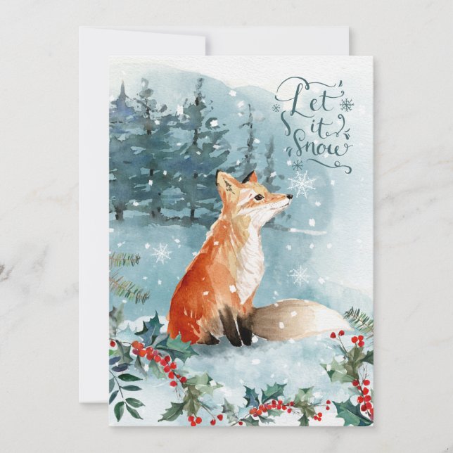 Cartão Cena de floresta, fox Christmas Flat Greeting Card (Frente)