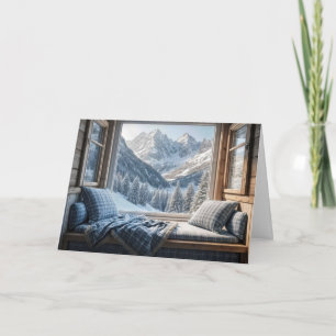 Cartão Cena de Montanha de Aniversário em uma Janela de C