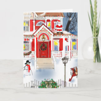 Cartão Cena de Natal Antigo Casa Vitoriana Neve