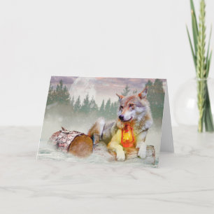 Cartão Cena de Natal com Lobo de Inverno na Neve