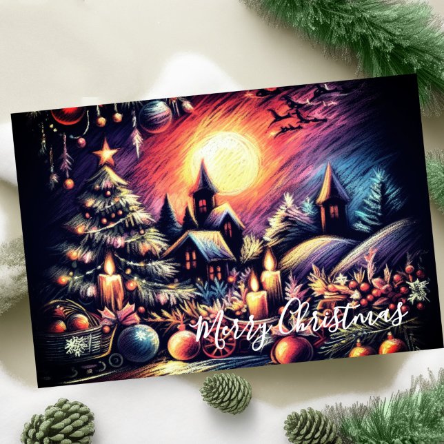 Cartão Cena de Natal de Desenho de Pastel duro (Criador carregado)