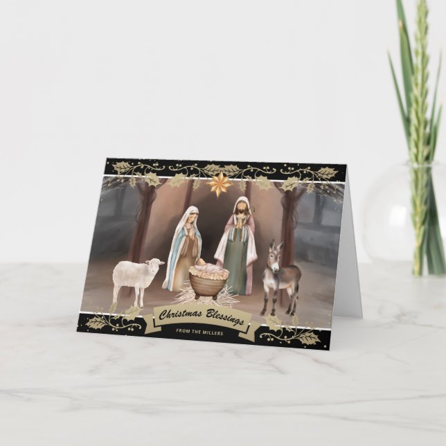 Cartão Cena de Natal Estrela de Belém Preto Dourado (Frente)