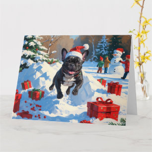 Cartão Cena de Natal Festiva com Bulldog Francês Preto na