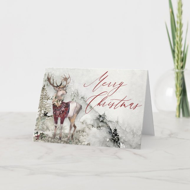 Cartão Cena de Natal Rustic Woodland Deer Watercolor (Frente)