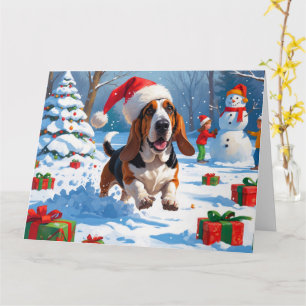 Cartão Cena de neve festiva de Natal do Basset Hound