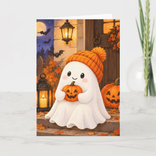 Cartão Cena de outono de Halloween com abóbora e fantasma