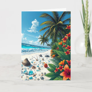 Cartão Cena de praia tropical bonito | Feliz aniversário