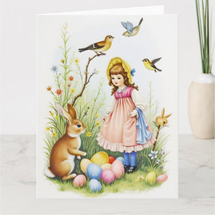 Cartão Cena de primavera com menina, coelho e ovos de Pás