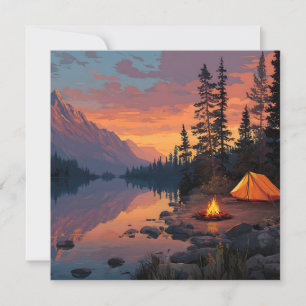 Cartão Cena pacífica de acampamento por um lago de montan