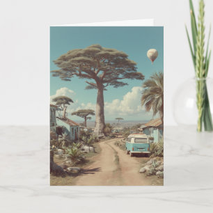 Cartão Cenário Sonhador de Baobá com Caravana Vintage
