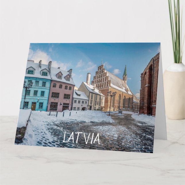 Cartão Centro de cidade de inverno de neve em Riga, Letón (Frente)