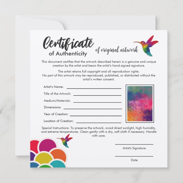 Cartão Certificado de autenticidade para arte original (Frente)
