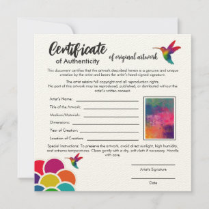 Cartão Certificado de autenticidade para arte original