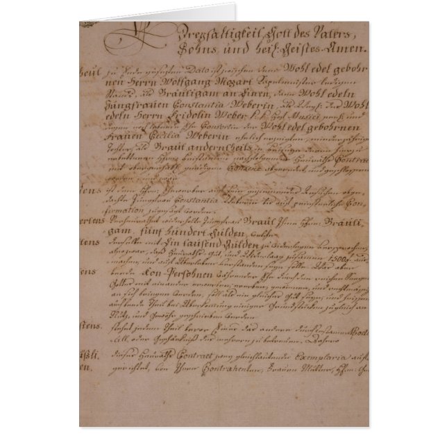 Cartão Certificado de casamento de Wolfgang, de Mozart e (Frente)