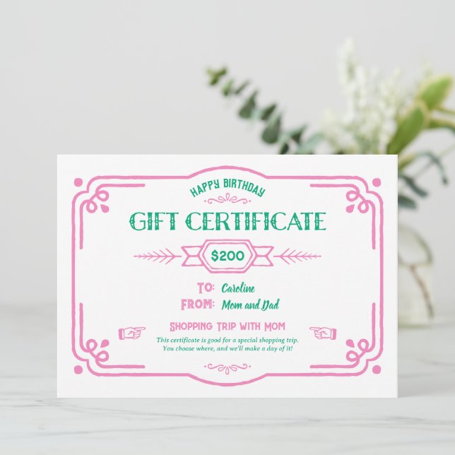 Cartão Certificado de Presente de Aniversário Personaliza (Em pé/Frente)