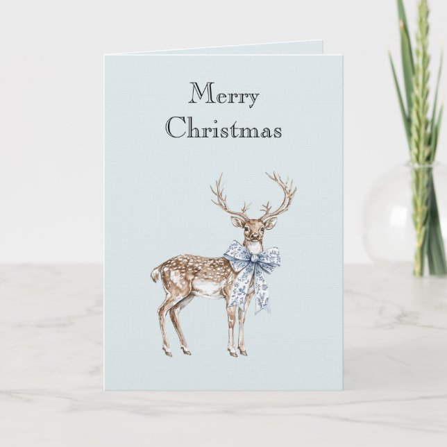 Cartão Cervo de Natal com Laço Branco Azul (Frente)