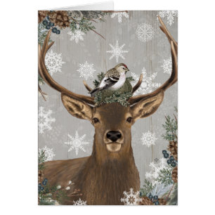 Cartão cervos rústicos do inverno da floresta do vintage