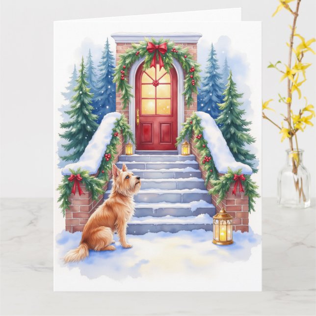 Cartão Cesky Terrier Snowy Staircase Christmas Art (Flor Amarela)