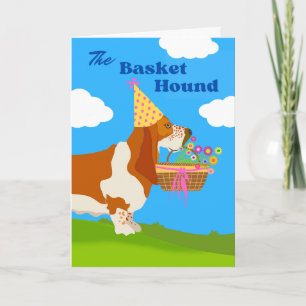 Cartão Cesta Adorável de Aniversário Basset Hound com Flo
