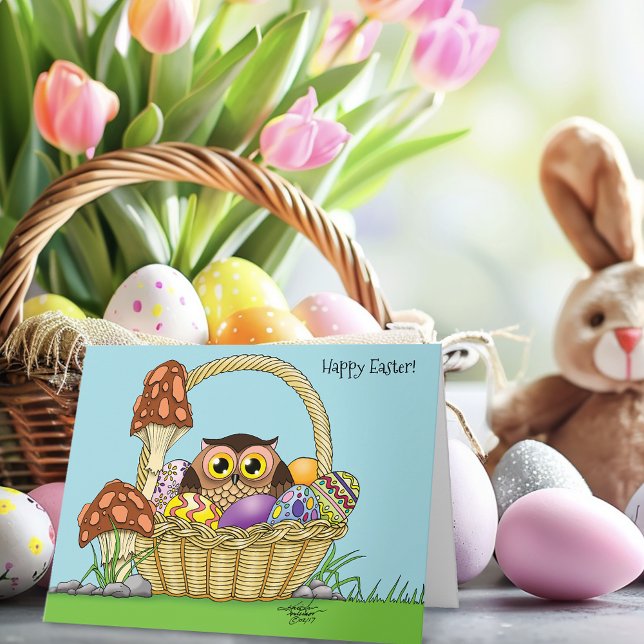 Cartão Cesta de Páscoa de Pastel Cute Owl Ovos Cogumelos (Criador carregado)