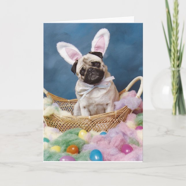 Cartão Cesta de Páscoa Pug Coelho Cachorro (Frente)
