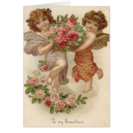 Cartão Cesto de Anjo Querubim Cupido Rosas Rosa