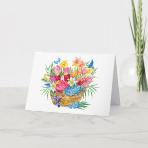 Cartão Cesto de Aquarela com Flores de Mola