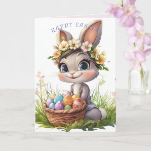Cartão Cesto de Coelhinho da Páscoa Feliz Ovos Flores