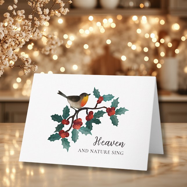 Cartão Céu e Natureza Cantam Passarinho de Inverno Azevin (Heaven and Nature Sing Winter Bird Holly Folded Christmas Holiday Card)