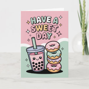 Cartão Chá Boba Pastel Kawaii e Donuts Aniversário Doce