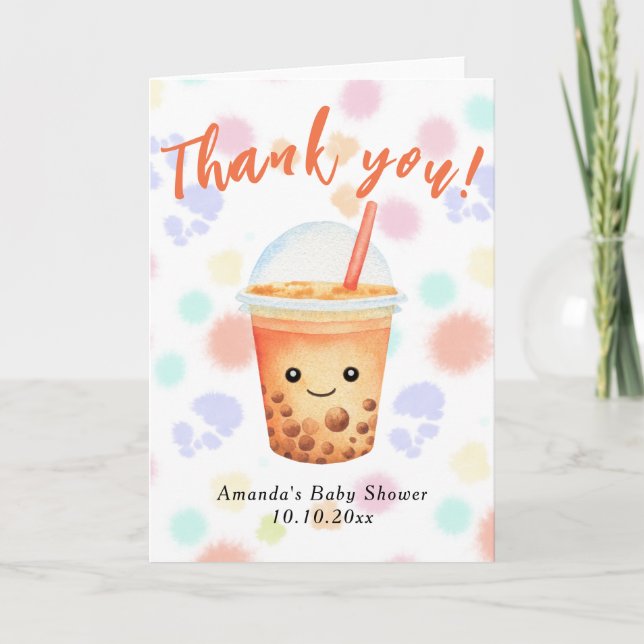 Cartão Chá de Bebê Bubble Tea Aquarela Obrigado (Frente)