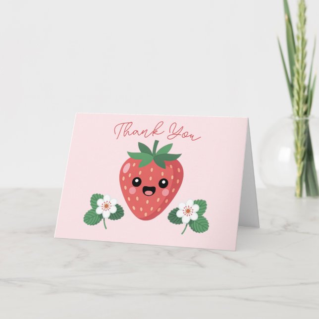 Cartão Chá de Bebê Kawaii de Morango Obrigado (Frente)