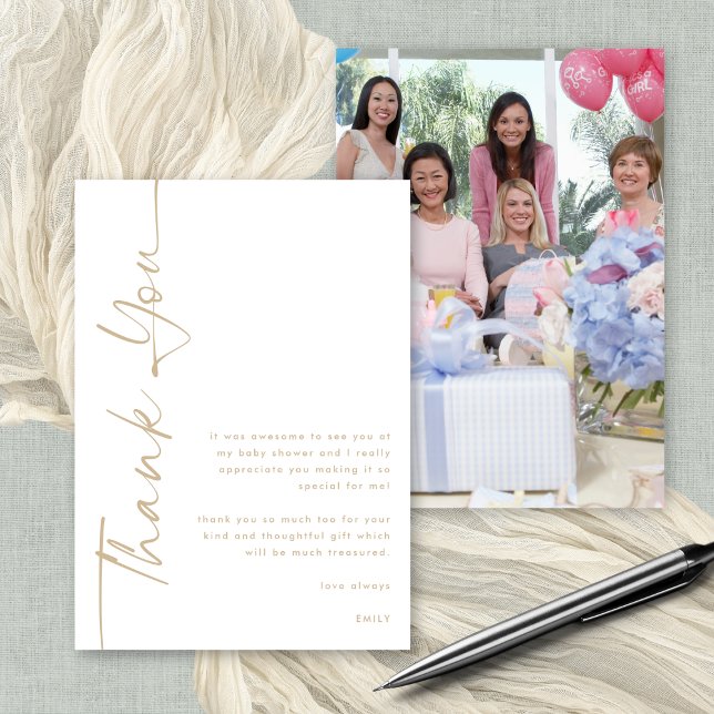 Cartão Chá de fraldas de Fotografia de Script Dourado gir (Front and back view. Available digitally or printed. Add your photo on the back)