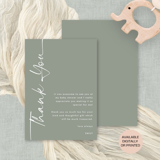 Cartão Chá de fraldas de Sage de Caligrafia Rotulada Obri (Front and back view. Available digitally or printed.)