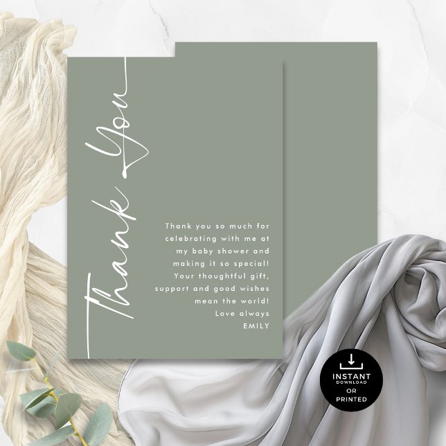 Cartão Chá de fraldas de Sage de Caligrafia Rotulada Obri (Front and back view)