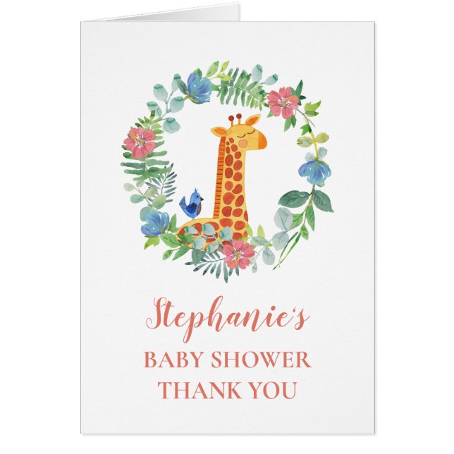 Cartão Chá de fraldas Giraffe Floral Wreath Obrigado (Frente)