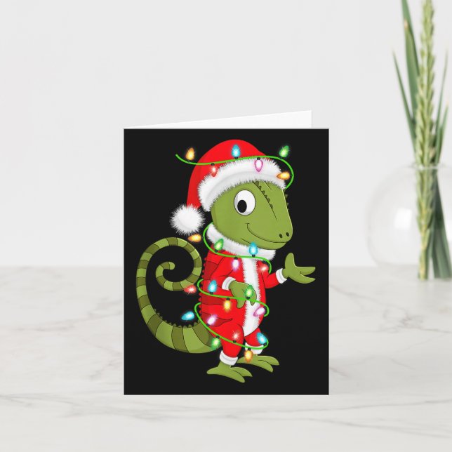 Cartão Chameleon Christmas Lights Santa Costume Cute Anim (Frente)