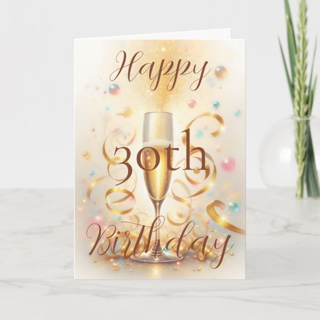 Cartão Champagne Glass with Gold Streamers Birthday (Frente)
