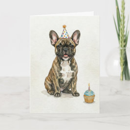 Cartão Chapéu de Aniversário de Cupcake de Bulldog Francê