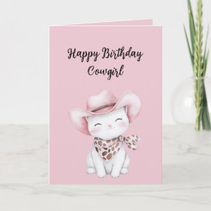 Cartão Chapéu de Cowgirl Rosa Gato Aniversário