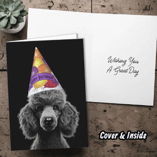 Cartão Chapéu de festa com cabeça de poodle preto e Feliz