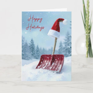 Cartão Chapéu de Papai Noel na pá de neve vermelha