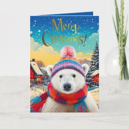 Cartão Chapéu do Polar Bear Santa e cachecol Feliz Natal