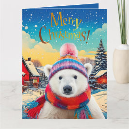 Cartão Chapéu do Polar Bear Santa e cachecol Feliz Natal