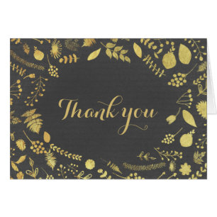 Cartão Charcoal Grey & Gold Floral Casamento Agradeciment