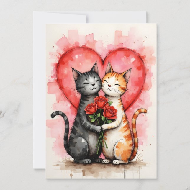 Cartão Charming Cats Valentine Hearts and Red Roses (Frente)