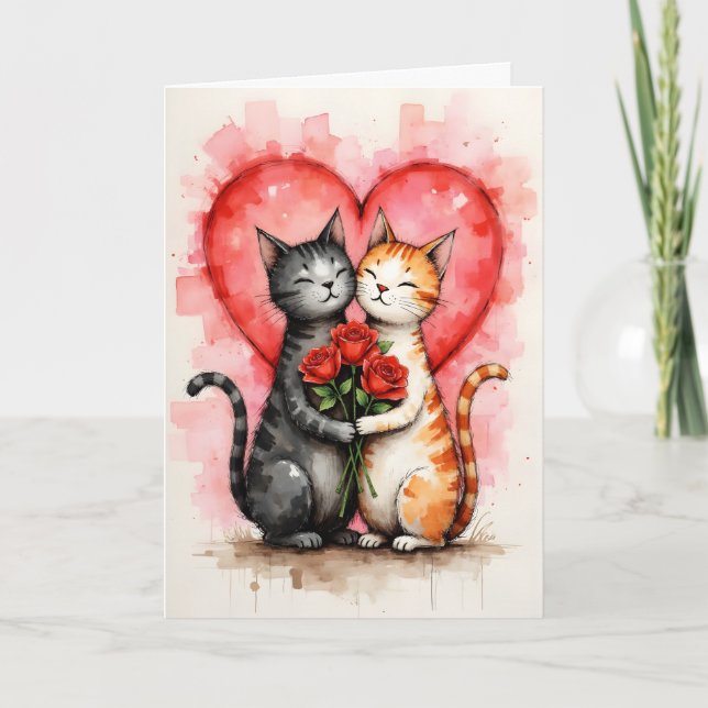 Cartão Charming Cats Valentine Hearts and Red Roses (Frente)