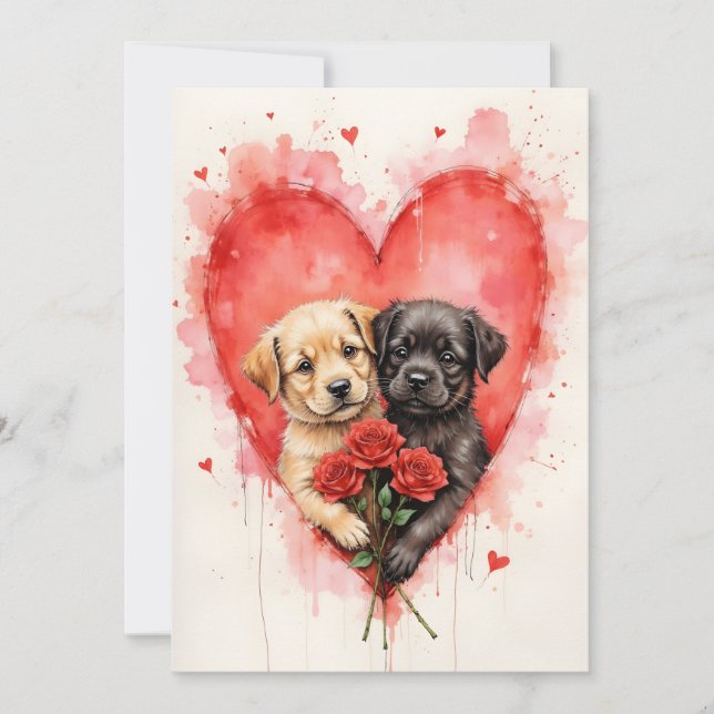 Cartão Charming Dogs Valentine Hearts and Red Roses (Frente)